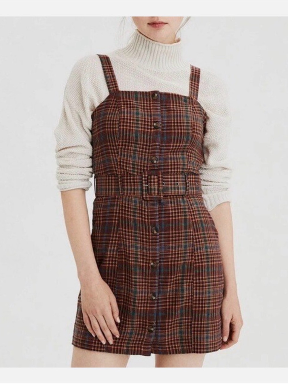 American Eagle Plaid Button Down Pinafore Dress Belt Vintage Academia Fall Vibes